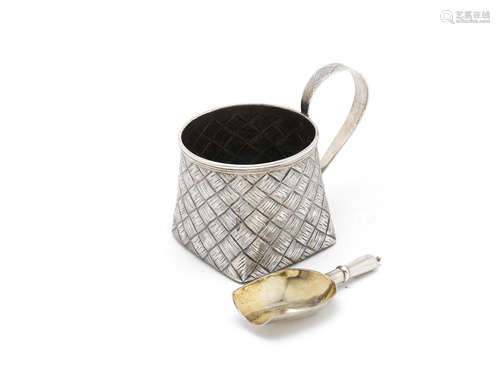 maker's mark 'ПД', St Petersburg 1884  together with a late 19th century Russian caddy spoon, (2) A 19th century Russian silver mug