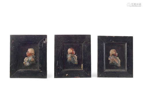 Three George III coloured wax relief profile portraits of naval officers together with a late 18th century Spanish wax relief bust of a bishop and two other later wax relief profile portraits