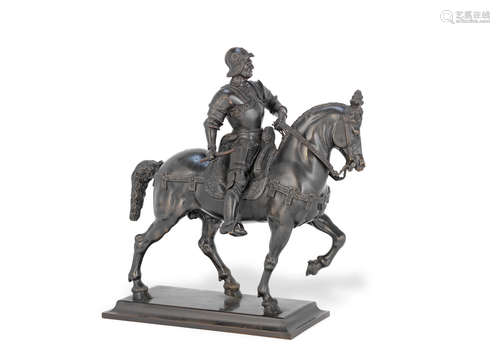 French or Italian,  After Andrea del Verrocchio (Italian, 1435-1488): A late 19th century patinated bronze model of the equestrian monument to Bartolomeo Colleoni