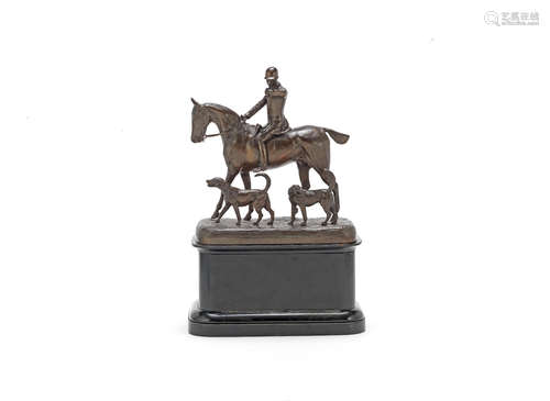 possibly cast by Elkington & Co. After John Willis Good (British 1845-1879): A late 19th century patinated bronze equestrian model of a huntsman and his hounds