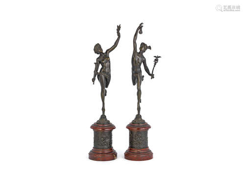 After Giambologna (Italian, 1529-1608): A pair of late 19th century patinated bronze figures of Mercury and Fortuna