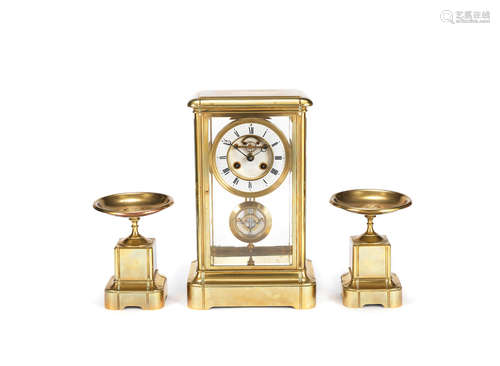 A late 19th century French lacquered brass four glass clock garniture indistinctly signed Levy, Paris, the movement stamped EB 3