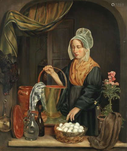 A shop window, with maid, basket of eggs and kitchenware Follower of Ferdinand de Braekeleer(Belgian, 1792-1883)