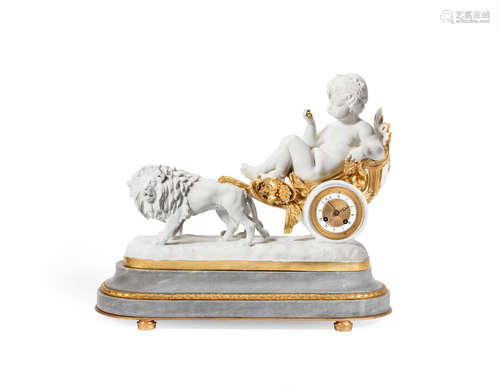 probably late 19th / early 20th century A French white biscuit porcelain figural clock depicting a recumbent putto seated in a chariot