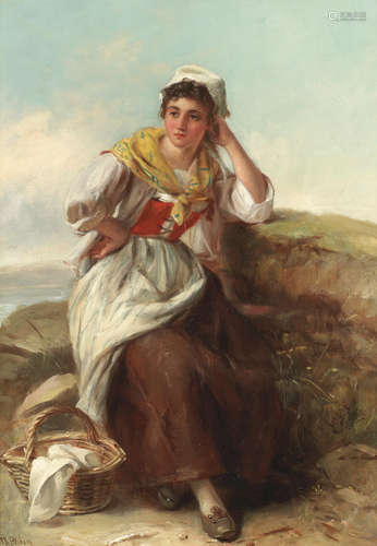 Young fisher girl awaiting the return of the fleet Thomas Kent Pelham(British, active 1860-1891)