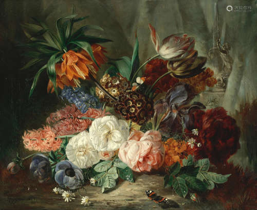 Still lifes of flowers with butterflies; a pair  each 61 x 73.7cm (24 x 29in).(2) François Joseph Huygens(Belgian, 1820-1908)