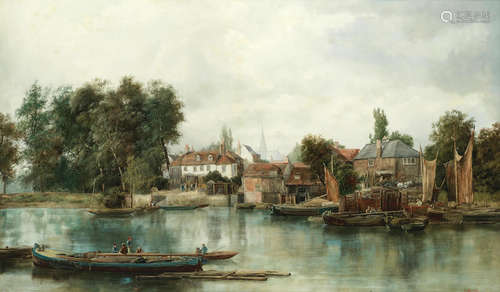 A bustling riverside town  William Howard(British, mid 19th Century)