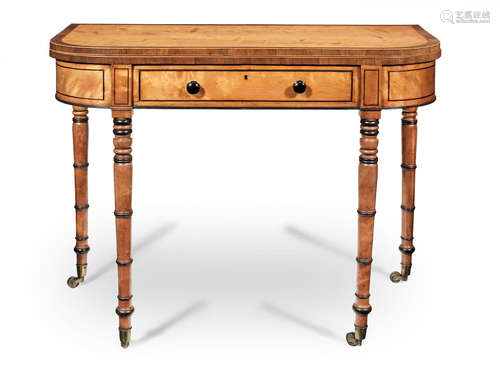 A Regency satinbirch, rosewood crossbanded, purplewood and ebonised D-shaped tea table