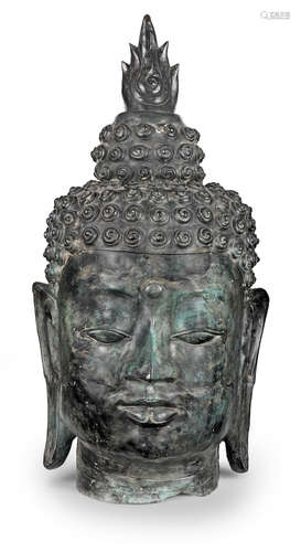 A large decorative Thai bronze head of Buddha