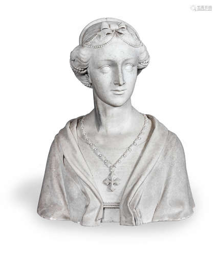 in the renaissance style A late 19th century Italian carved white marble bust of a young  lady