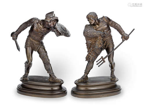 A pair of bronze figures of Roman Gladiators Rétiaire et Mirmillon  Emile Coriolan Hippolyte Guillemin, French (1841-1907)