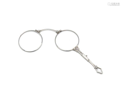 stamped '585', early 20th century  A white gold and diamond-set lorgnette