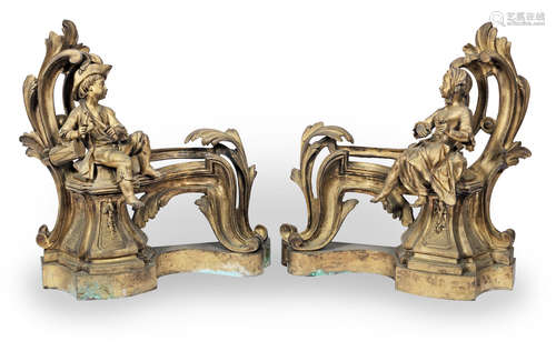 in the Louis XV style A pair of late 19th century gilt bronze figural chenet