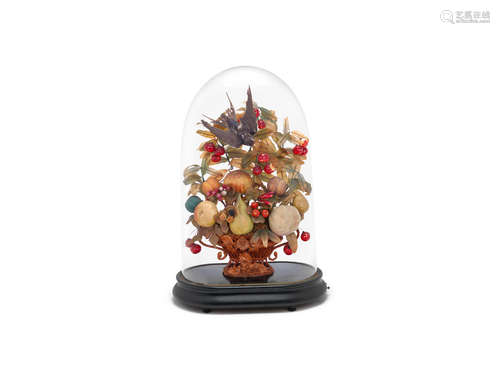 A late Victorian decorative wax fruit and taxidermy display with musical movement to the base