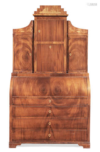 A German late 18th/early 19th century mahogany, satinwood, ash, purplewood and marquetry cylinder bureau cabinet