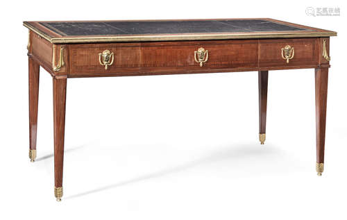 in the Louis XVI style A French 19th century gilt bronze mounted kingwood, tulipwood and line-inlaid bureau plat