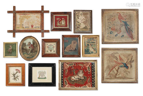 A collection of late 18th and 19th century needlework and embroidered pictures to include a woolwork of two blackamoor figures and various dog and animal subjects