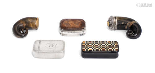 by Robert Gray, Edinburgh circa 1800 together with a Scottish hardstone box, by 'TKP', circa 1840; two horn snuff mulls; a box with chequered ivory and tortoiseshell lid.  (5) A Scottish George III silver snuff box