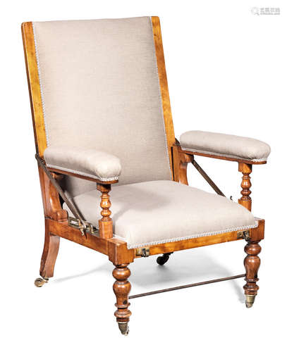 An early Victorian satinbirch reclining travelling armchair by J. Alderman