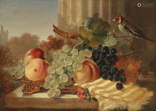 Still life of fruit with a goldfinch  George Lance(British, 1802-1864)