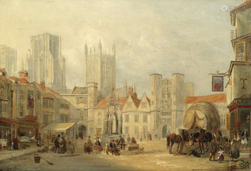 View of the market sqaure, Wells, with the cathedral beyond Henry C. Gritten(Australian, 1818-1873)