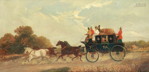 Coaches on the highroad, a set of four  each 25.4 x 46.3cm (10 x 18 1/4in).(4) Follower of Henry Alken(British 1785-1851)