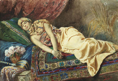 Harem girl reclining on patterned carpet Antonio Gargiullo(Italian, late 19th Century)