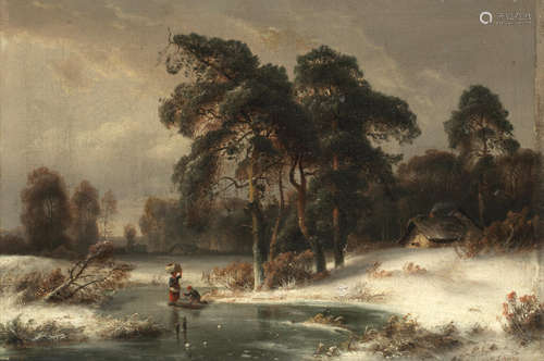 A winter landscape with figures collecting firewood  Carl Ludwig Scheins(German, 1808-1879)