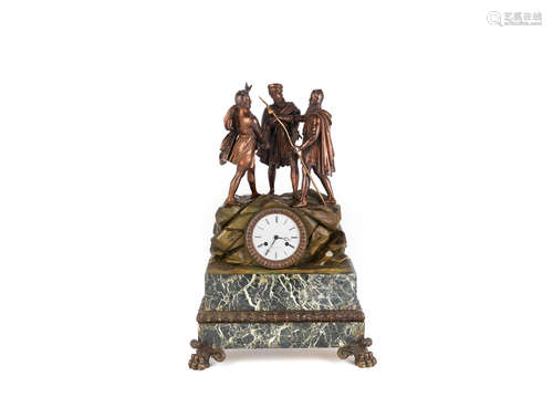 the dial signed Alfred Chapron A Paris, the movement stamped Pons A mid 19th century French patinated bronze and verde antico marble figural mantel clock