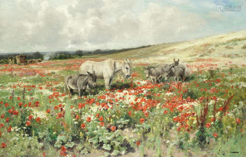 Donkeys in a poppy field Arthur William Redgate(British, 1860-1906)