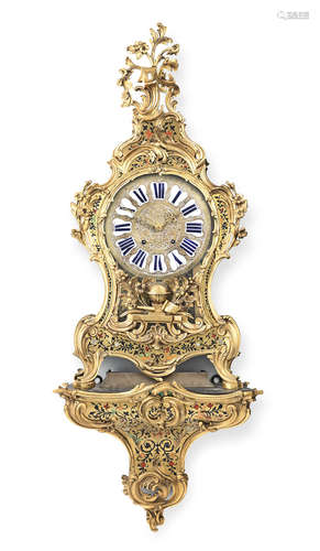 The movement bearing the signature Jn. Le Roy, Paris,   An 18th century French cut and inlaid brass bracket clock on original wall bracket