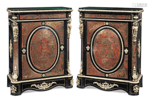 A pair of Napoleon III gilt bronze mounted tortoiseshell and brass 'Boulle' marquetry ebonised pier cabinets