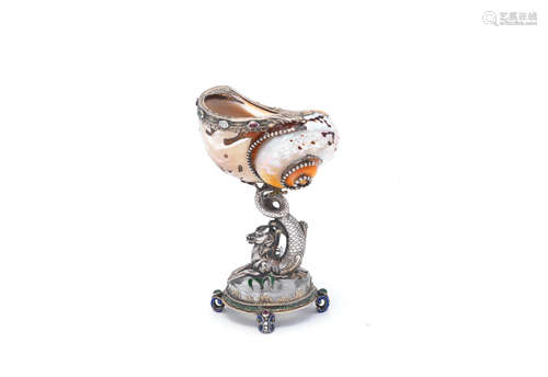 the base with marks for Neresheimer, crown crescent mark, '930',  A German silver Renaissance Revival small silver, enamel and rock crystal  Nautilus shell cup