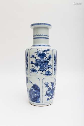 Soldier vase White and blue porcelain, decorated with four landscapes and four auspicious