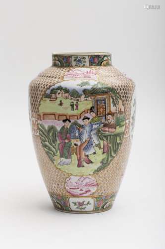 Famille Rose vase Porcelain with gold lattice ground, reserves adorned with genre scenes, crimson