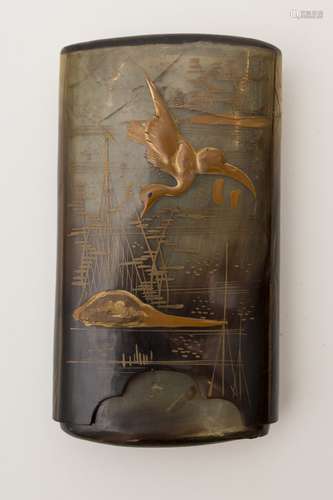 Horn case, Japan, late Meiji Depicting a bird flying over the sea and a crane, decorated with