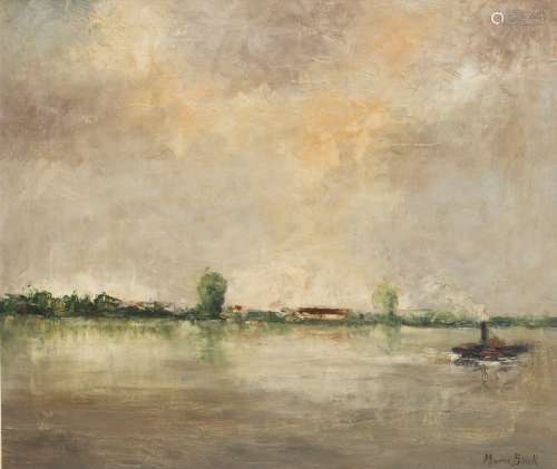 Maurice Blieck (1876-1922) View of the Scheldt (on the back) and an industrial landscape. Oil on