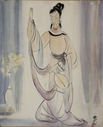 Lady dancing Ink and watercolour painting on canvas. Signed at lower right. Bearing an illegible