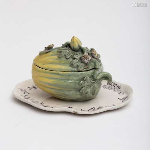 Delft or Brussels, 18th century Trompe l’œil terrine Gourd-shaped with polychrome earthenware on its