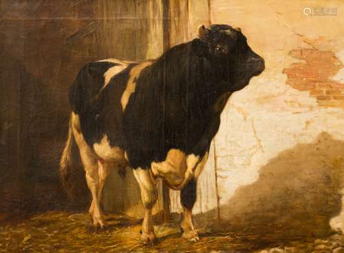 Louis Robbe (1806-1887) Fighting bull Oil on canvas. Signed at lower left. (Old restorations.) -