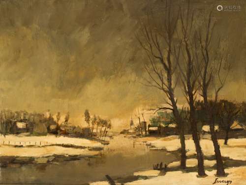 Albert Saverys (1886-1964) Bank of the Lys in winter Oil on panel. Signed at lower right. Albert