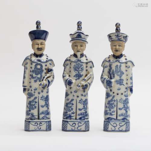 Three Qing emperors: Kangxi, Yongzheng and Qianlong in biscuit and blue and white porcelain