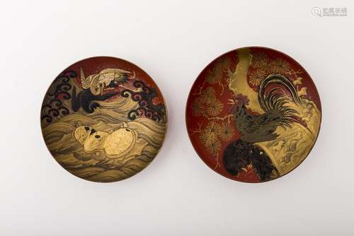 Two offering cups, Japan, late Meiji Hira-maki e lacquer, featuring a rooster, chicken, turtles and