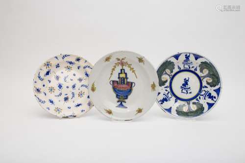 Spanish work (Manises or Talavera?) Three round plates Ceramic with polychrome enamelled glaze.