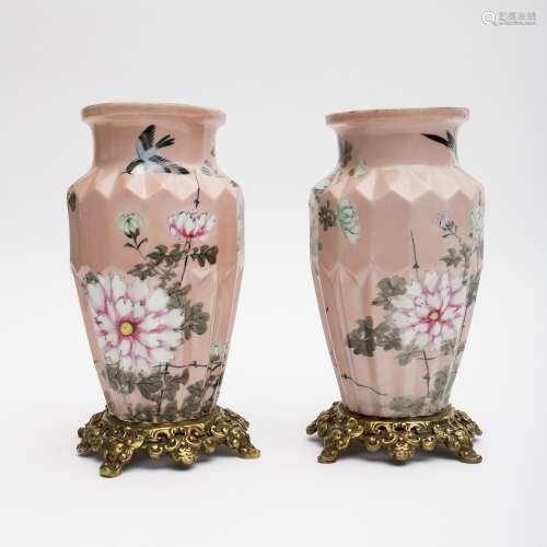 Pair of vases Ceramic with geometric body featuring enamelled Japanese decor of peacocks and