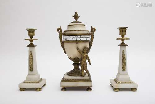 Mantlepiece set Alabaster and gilded bronze, composed of two pyramidal candleholders and a clock