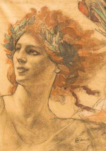 Jean Delville (Belgium, 1867-1953) Artemis and Apollo Mixed technique (charcoal, gouache and pastel)