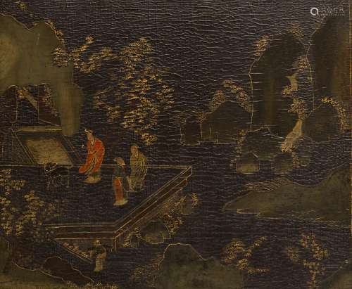 Lacquer panel from Coromandel Depicting scholars in a mountainous landscape, traces of palatial