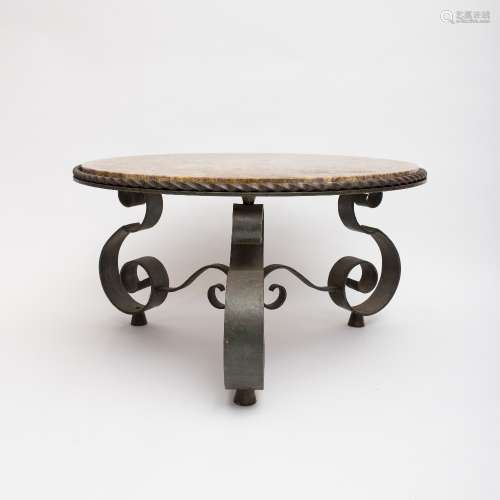 French work in the style of Robert Merceris Low round table Weathered cast iron, and marble top.
