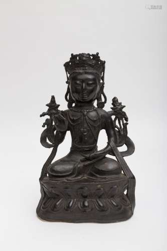 Bronze Sino-Tibetan Buddha Wearing a crown and a sacred fleece, displaying the teaching mudra and